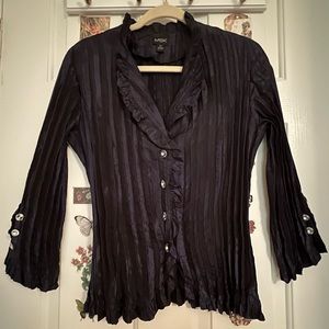 Dark Blue and Black Vintage Goth Punk 90s Blouse Ruffle Neckline Button Up